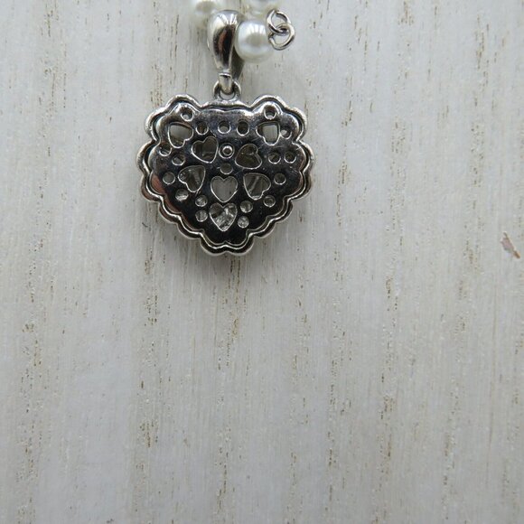 VCLM Necklace Heart Pendant 17" Silver Tone Imitation Pearl Station Rhinestones - Picture 3 of 8